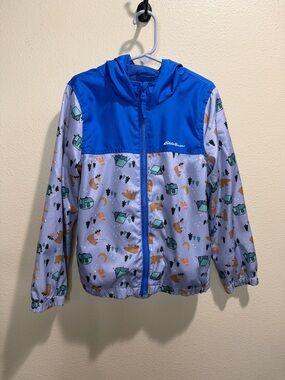 Eddie Bauer Kids Size 6 Bright Blue Hooded Camping Print Windbreaker
